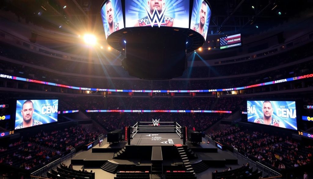 Madison Square Garden set up for WWE event with John Cena banner visible