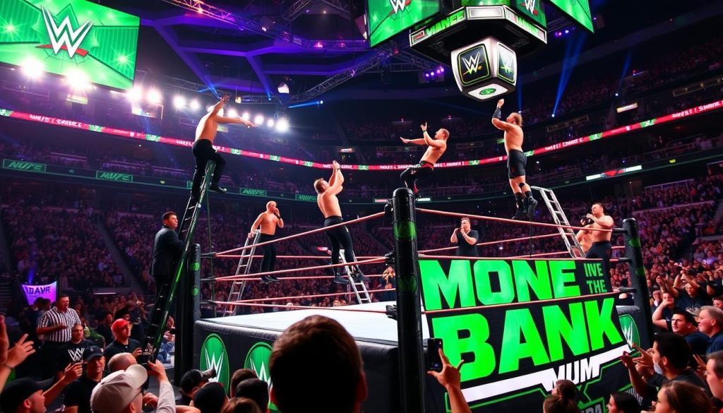 Money in the Bank ladder match action with multiple superstars Money in the Bank ladder match action with multiple superstars