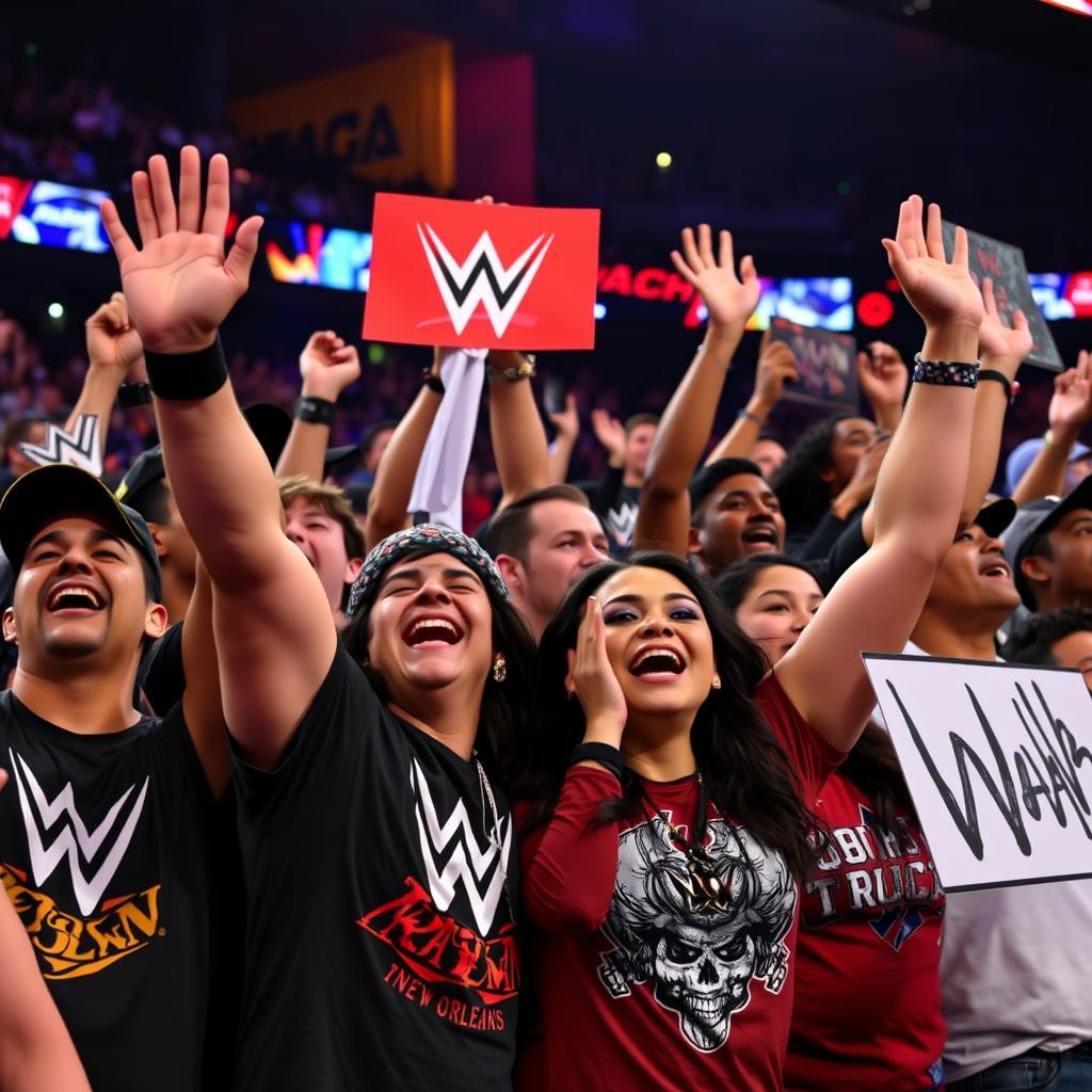 Wrestling fans celebrating at a WWE event in New Orleans Wrestling fans celebrating at a WWE event in New Orleans