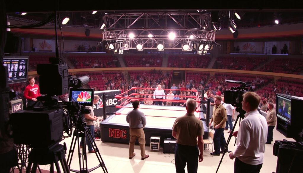 Behind the scenes production of Saturday Night Main Event with camera crews and production team