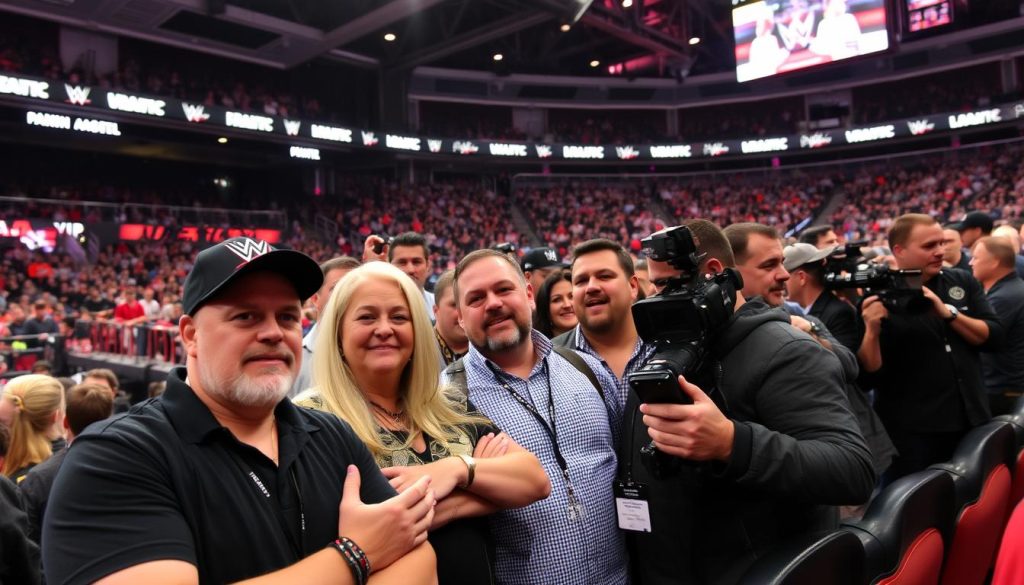 Fans enjoying WrestleTours VIP experience with media access at WWE event