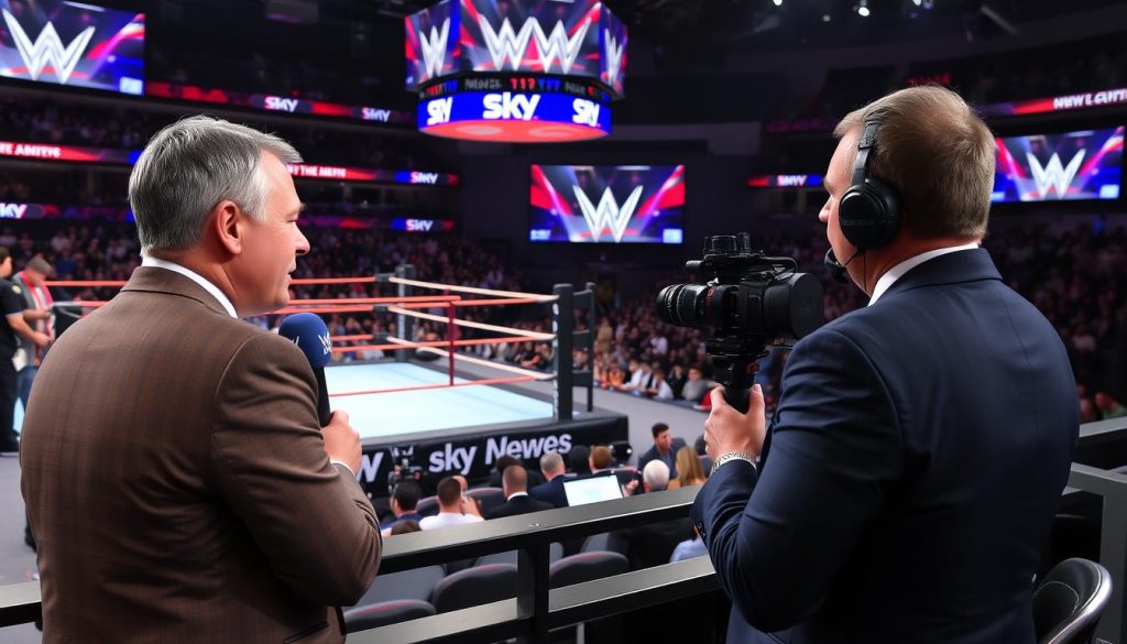 Sky News WWE coverage showing a wrestling match with commentators