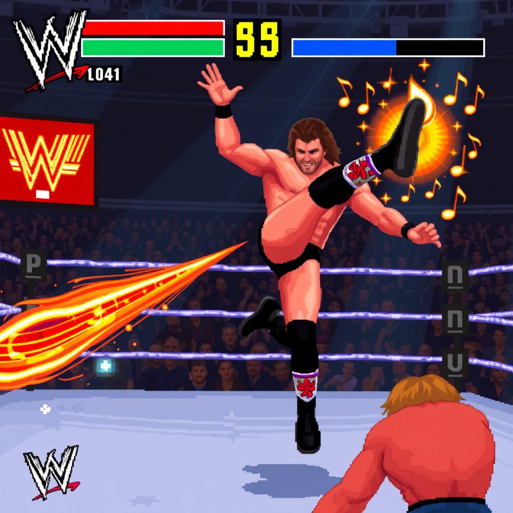 Shawn Michaels executing his Sweet Chin Music superkick with special effects in the WWF WrestleMania game