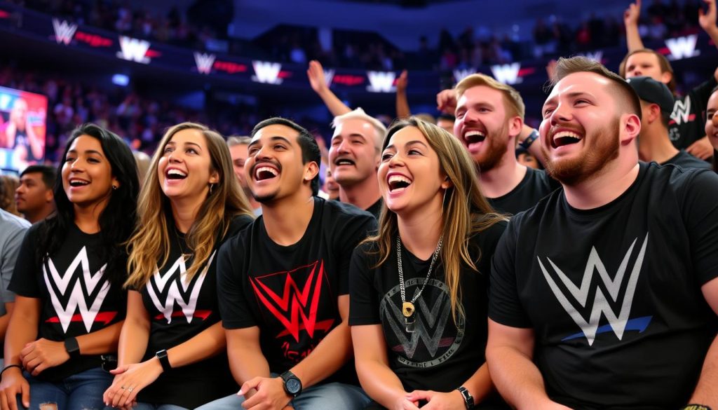 WWE fans laughing and enjoying a live event together