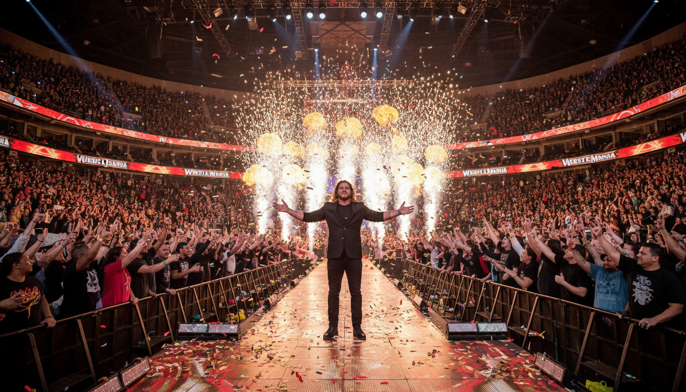 Chris Jericho acknowledging fans during his entrance at a major wrestling event