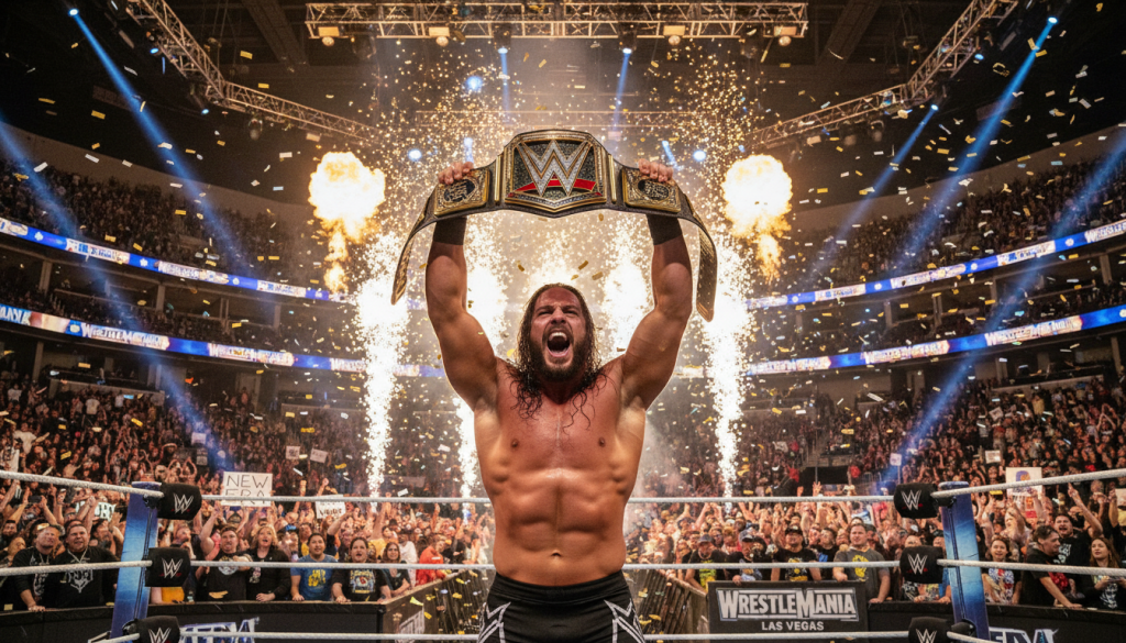 Historic wrestling moment at T-Mobile Arena in Las Vegas with a championship celebration