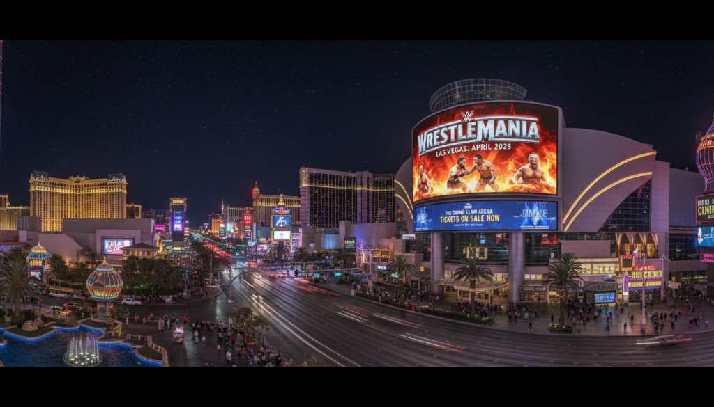 Las Vegas Strip at night with wrestling event billboard visible among the casino lights