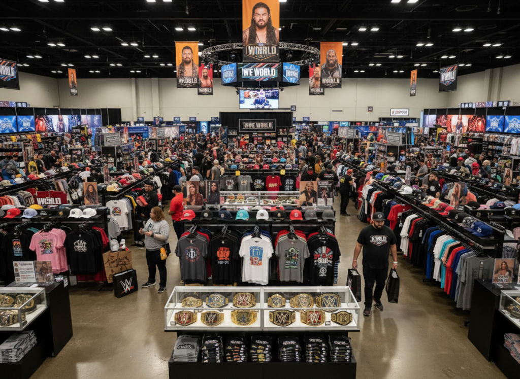 WWE Superstore at WWE World in Las Vegas with merchandise displays and wrestling memorabilia