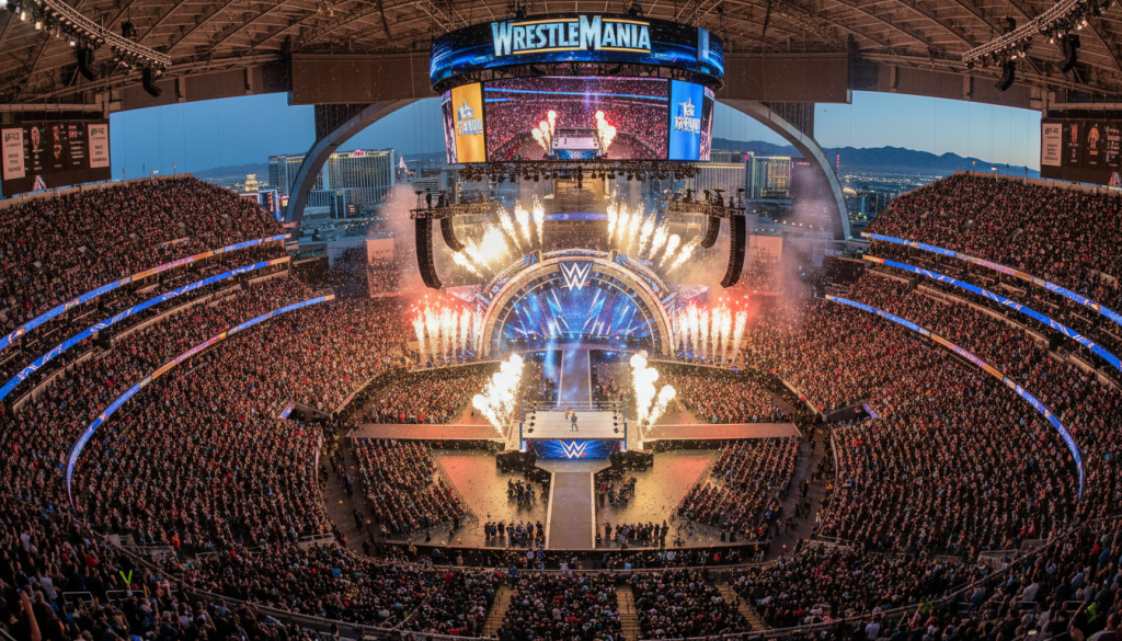 WrestleMania event at Allegiant Stadium in Las Vegas with a packed crowd watching wrestling in Las Vegas