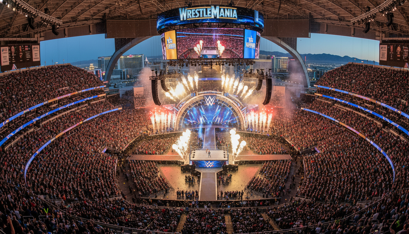 WrestleMania event at Allegiant Stadium in Las Vegas with a packed crowd watching wrestling in Las Vegas