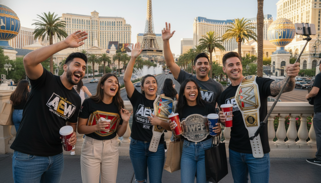 Wrestling fans enjoying Las Vegas attractions between events, wearing wrestling merchandise